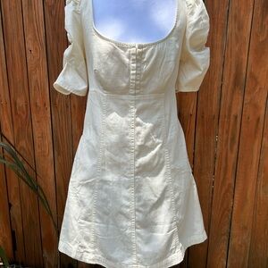 Free People Cream colored denim Puff Sleeve Mini Sundress